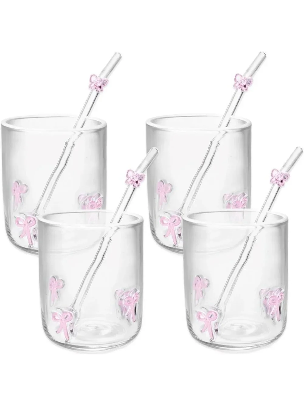 4 Set 14 oz Pink Bow Juice Glasses with Straws - Aesthetic Handblown Cups for